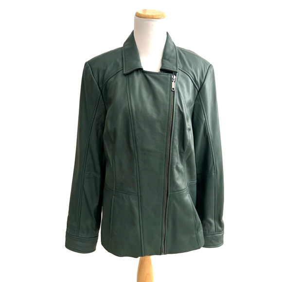 Denim & Company Leather Jacket L Green Asymmetrical Zip Pockets Lined Moto Biker - Picture 1 of 16